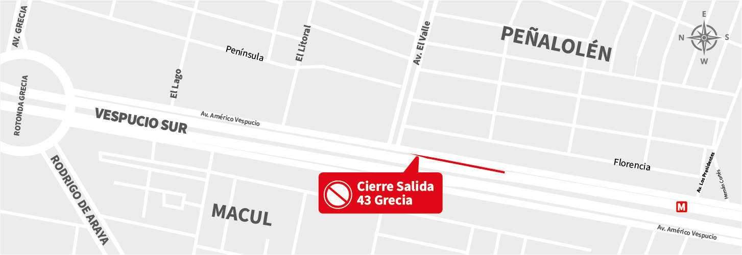 Cierre de Salida 43 Grecia por trabajos nocturnos en vía local Av. Américo Vespucio, Peñalolén