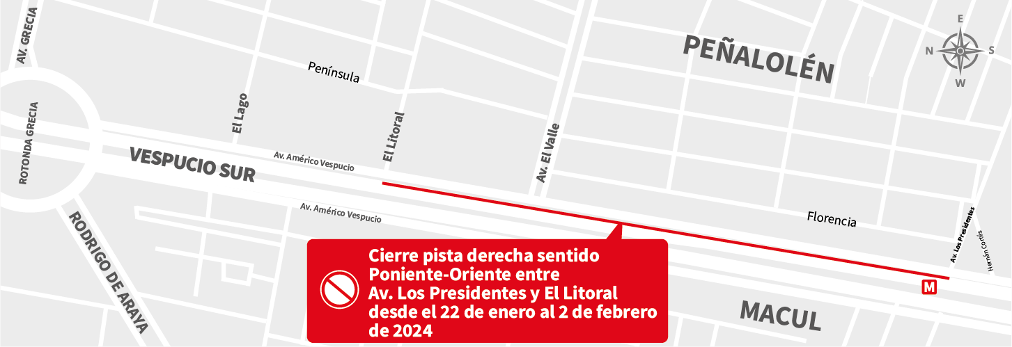 Cierre de pista derecha de Vespucio Sur al oriente entre Av. Los Presidentes y El Litoral, Peñalolén