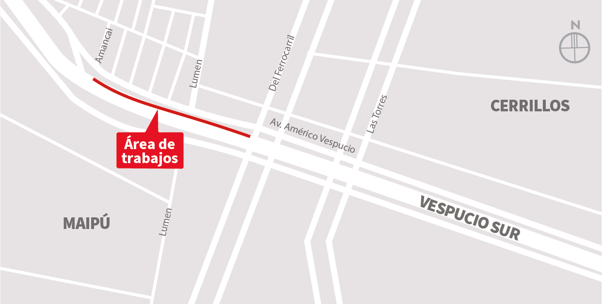 Cierre de pista lenta y central de la autopista, de oriente a poniente, sector Av. Ferrocarril, Maipú