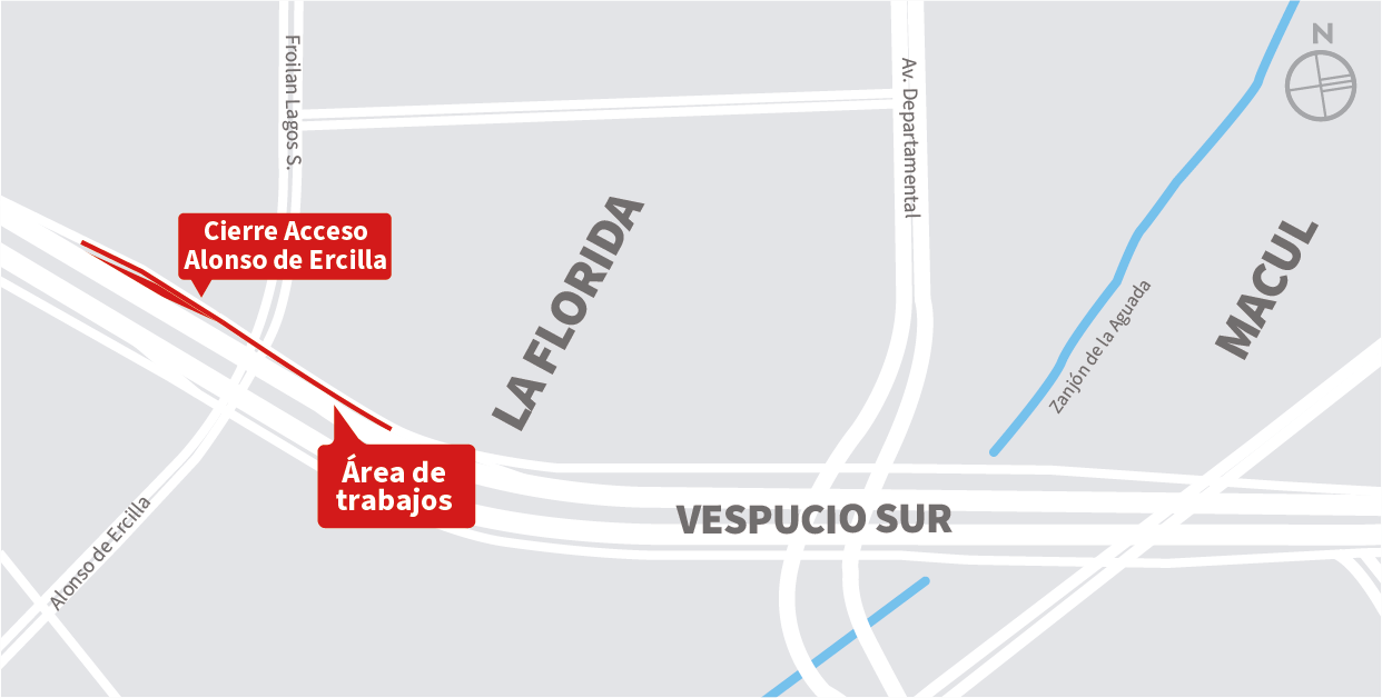 Cierre pista izquierda vía local y cierre Acceso Alonso de Ercilla, sector Froilán Lagos, La Florida