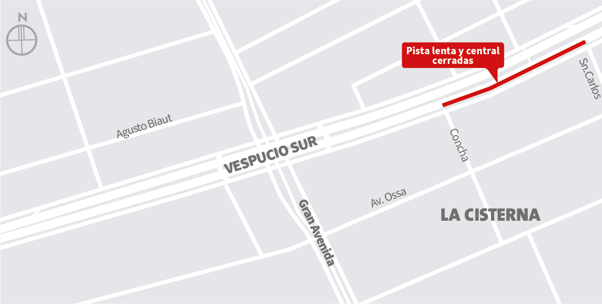 Cierre pista lenta y central de la autopista, de poniente a oriente, entre calle Concha y San Carlos, La Cisterna