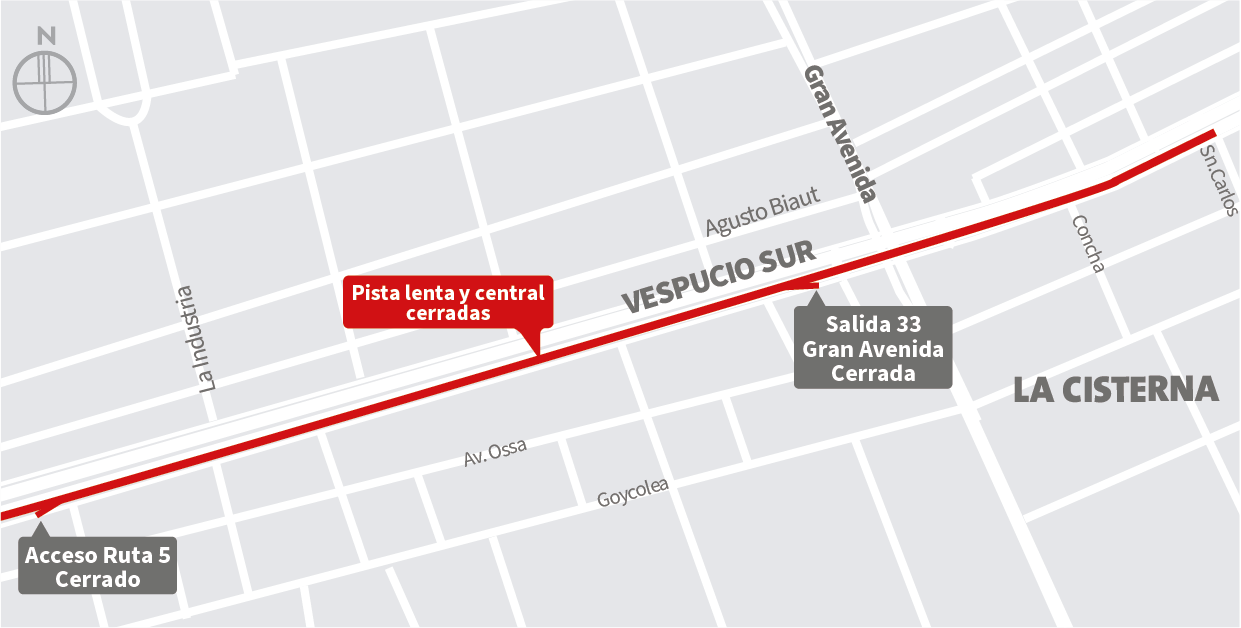 Cierre pista lenta y central de la autopista y cierre Acceso Ruta 5 y Salida 33 Gran Avenida, de poniente a oriente, entre calle Concha y San Carlos, La Cisterna