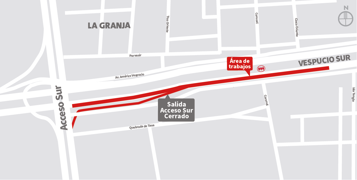 Cierre pista lenta y central de la autopista al oriente y cierre Salida Acceso Sur, por trabajos entre Acceso Sur y calle Isla Tenglo, La Granja