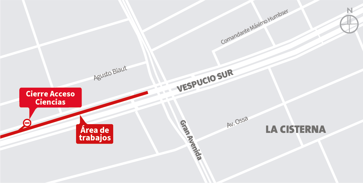 Cierre pista lenta y central de la autopista al oriente y cierre Acceso Ciencias, La Cisterna