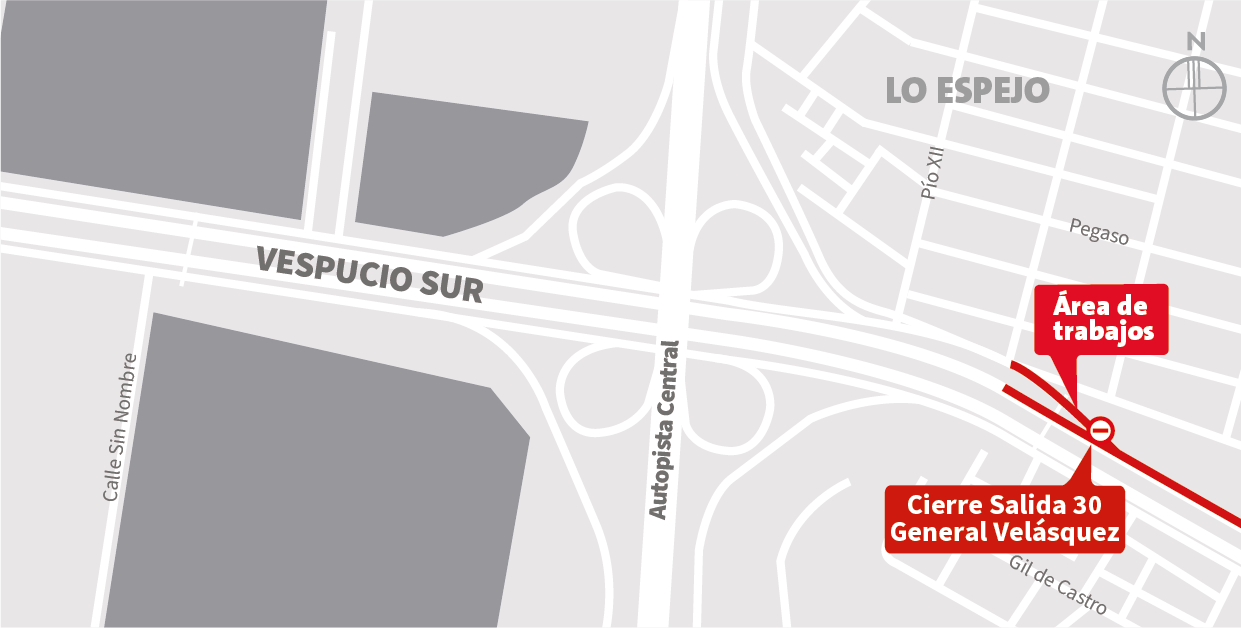 Cierre Salida 30 General Velásquez, cierre pista lenta y central de la autopista al poniente, Lo Espejo