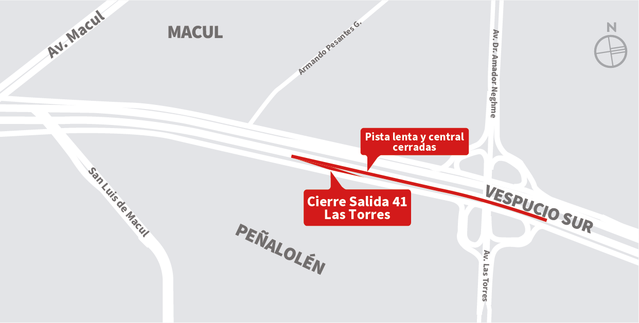 Cierre pista lenta y central de la autopista y cierre Salida 41 de poniente a oriente, hasta enlace Av. Las Torres, Peñalolén