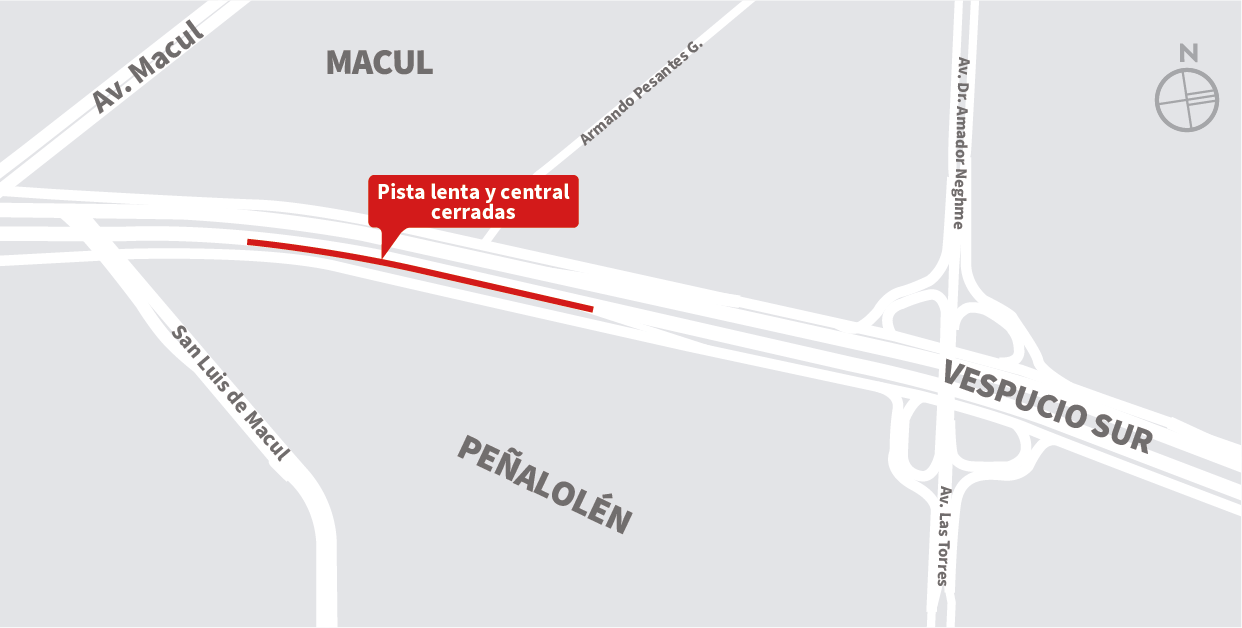 Cierre pista lenta y central de la autopista de poniente a oriente, sector Pasarela El Parque, Peñalolén