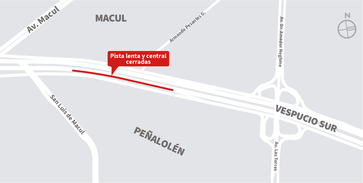 Cierre pista lenta de la autopista de poniente a oriente, sector Pasarela El Parque, Peñalolén