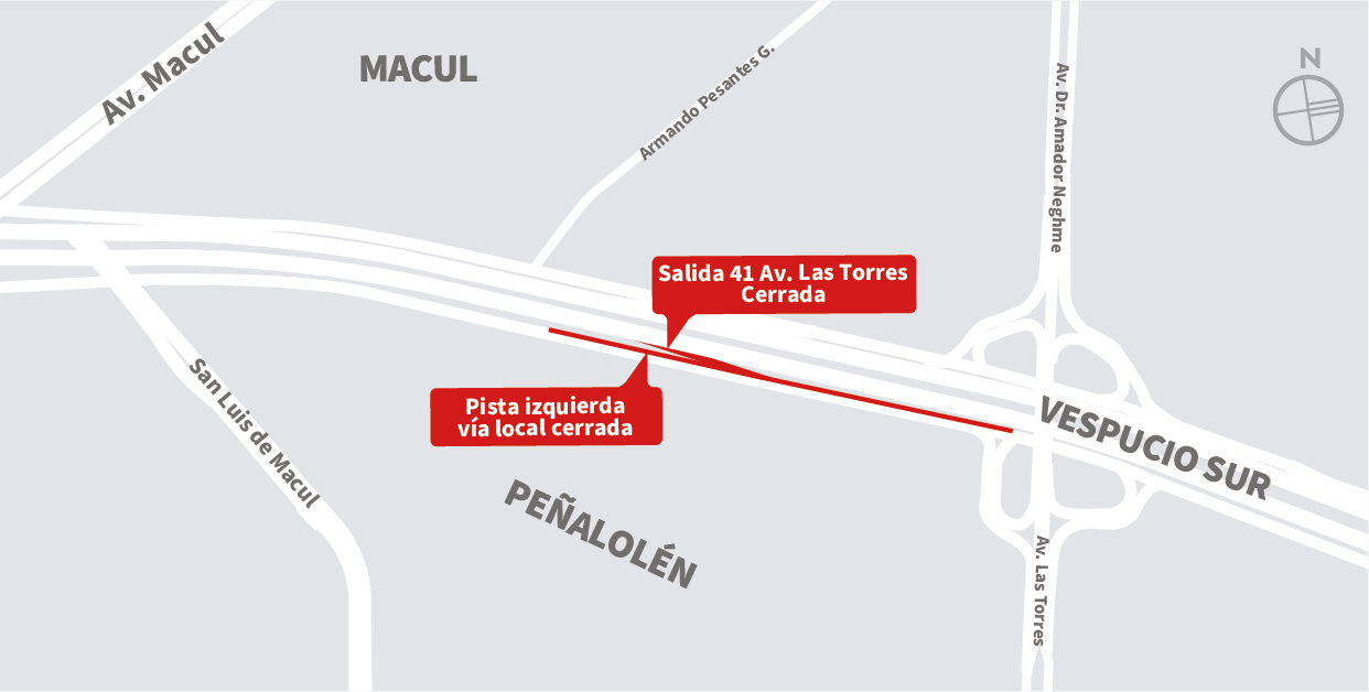 Cierre pista izquierda de la vía local y cierre Salida 41 de poniente a oriente, hasta enlace Av. Las Torres, Peñalolén
