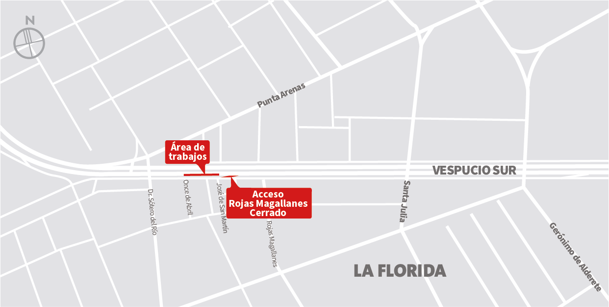 Cierre de pista lenta y central de la autopista y cierre Acceso Rojas Magallanes, de poniente a oriente, entre calles Once de Abril y José de San Martín, La Florida