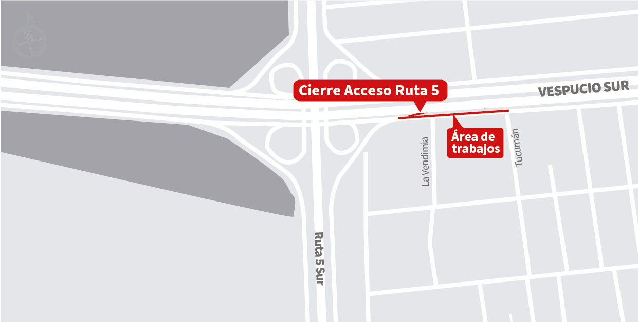 Cierre pista izquierda de la via local y cierre Acceso Ruta 5. sector Ruta 5, La Cisterna