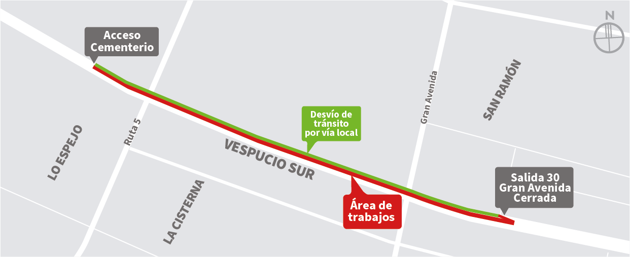 Cierre de autopista al poniente y cierre de Acceso Ciencias a la autopista, por trabajos entre Salida 33 Gran Avenida, San Ramón hasta Acceso Cementerio, Lo Espejo