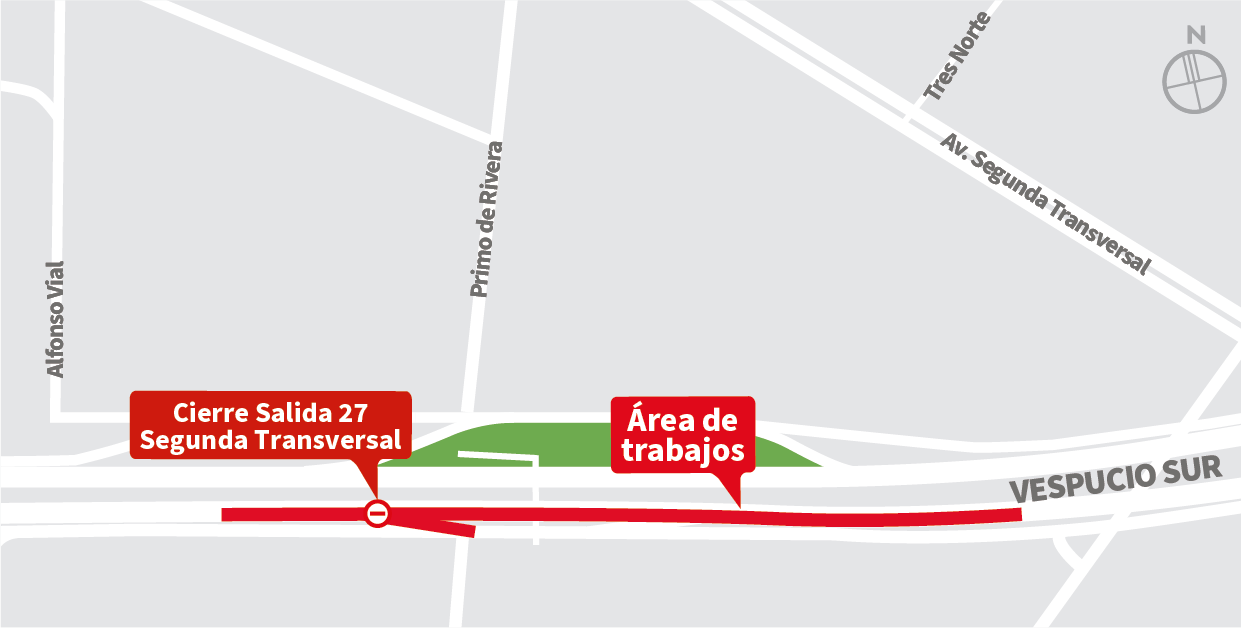 Cierre Salida 27 Segunda Transversal, cierre pista lenta y central de la autopista al oriente, Maipú