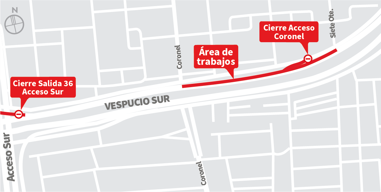 Cierre pista lenta y central de la autopista al poniente, cierre Acceso Coronel y Cierre Salida 37 Acceso Sur, Sector entre Siete Ote. y Coronel, La Granja