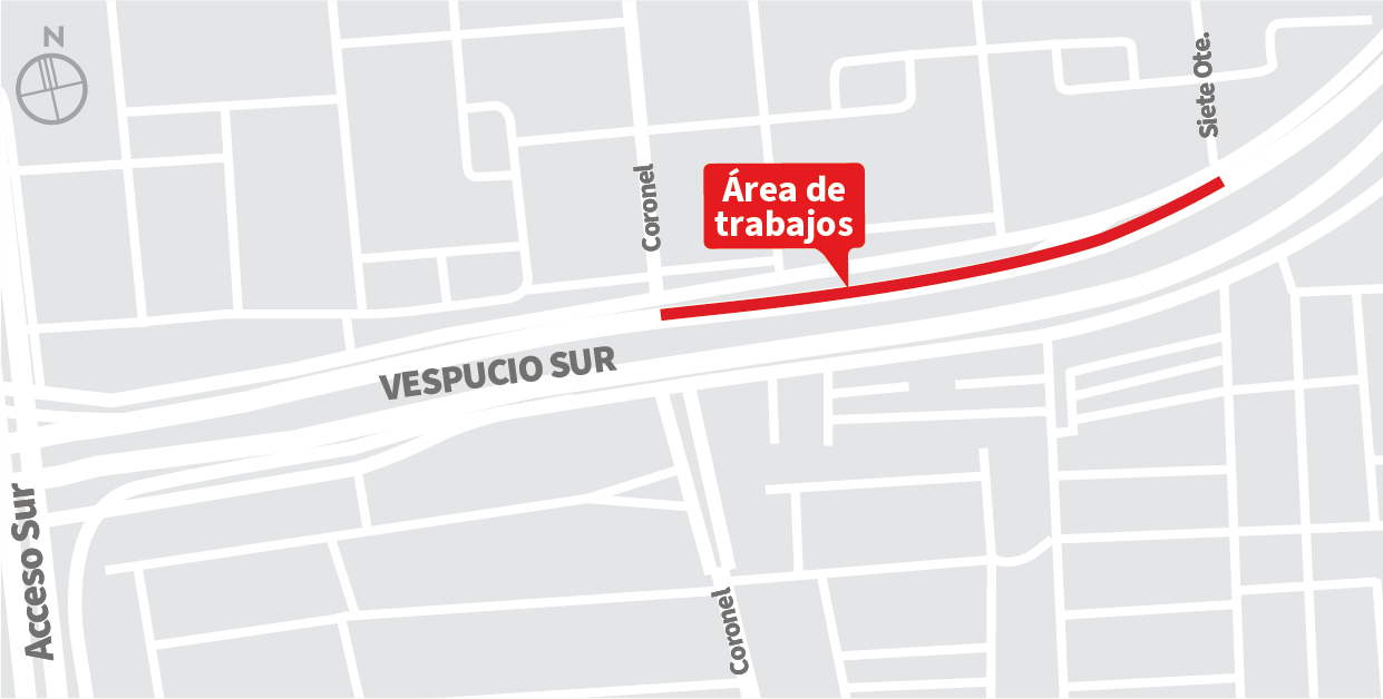 Cierre pista lenta y central de la autopista al poniente, sector entre Siete Ote. y Coronel, La Granja
