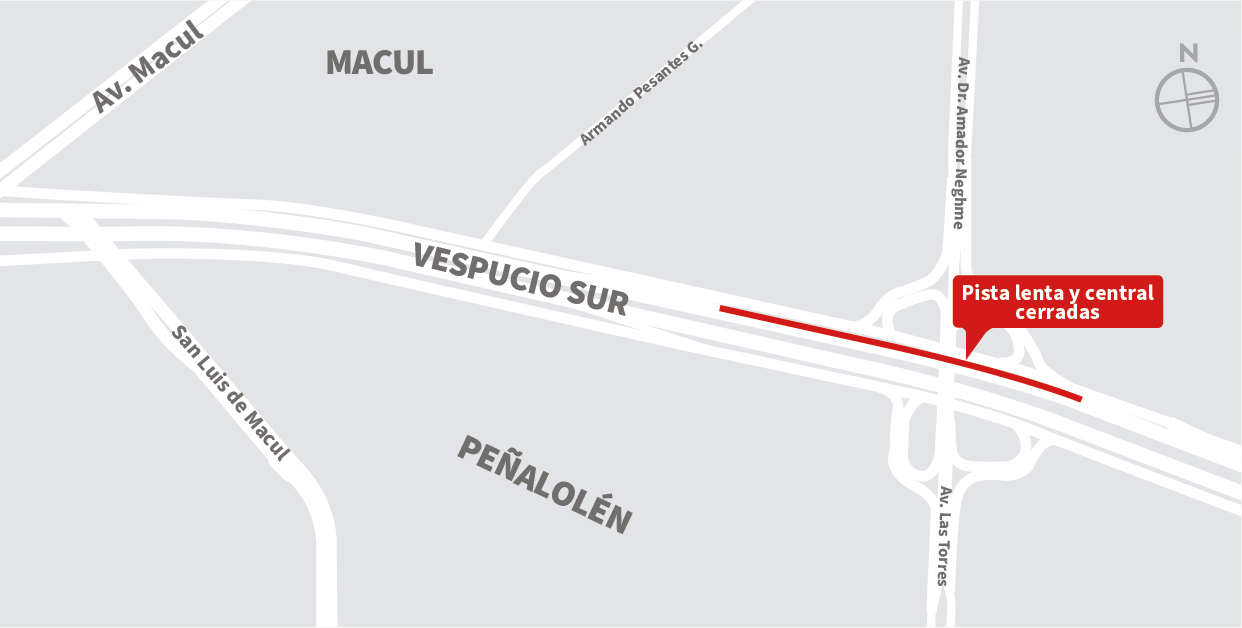 Cierre pista lenta de la autopista al poniente, sector enlace Av. Las Torres, Macul
