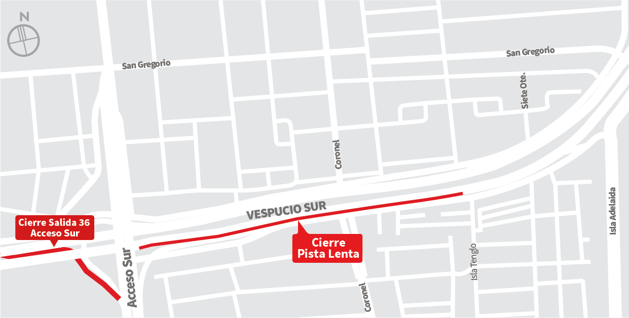Cierre pista lenta de la autopista al oriente y cierre Salida Acceso Sur, por trabajos entre Acceso Sur y calle Isla Tenglo, La Granja