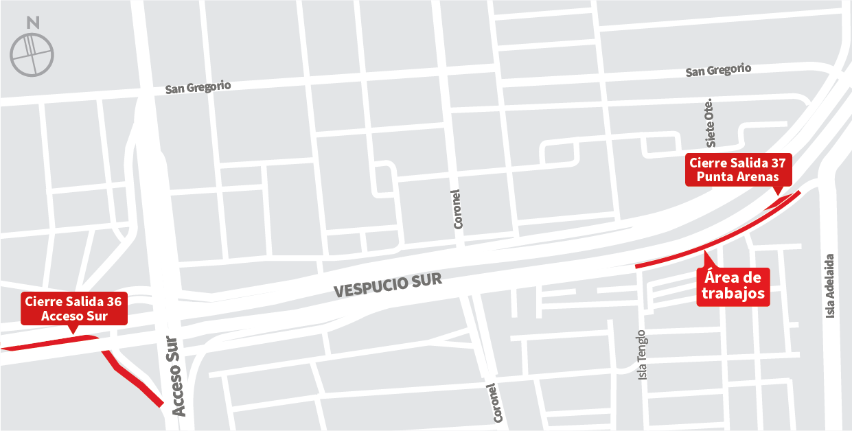 Cierre de pista izquierda vía local al oriente, cierre Salida 36 Acceso Sur y cierre Salida 37 Punta Arenas entre Isla Tenglo e Isla Adelaida, La Granja