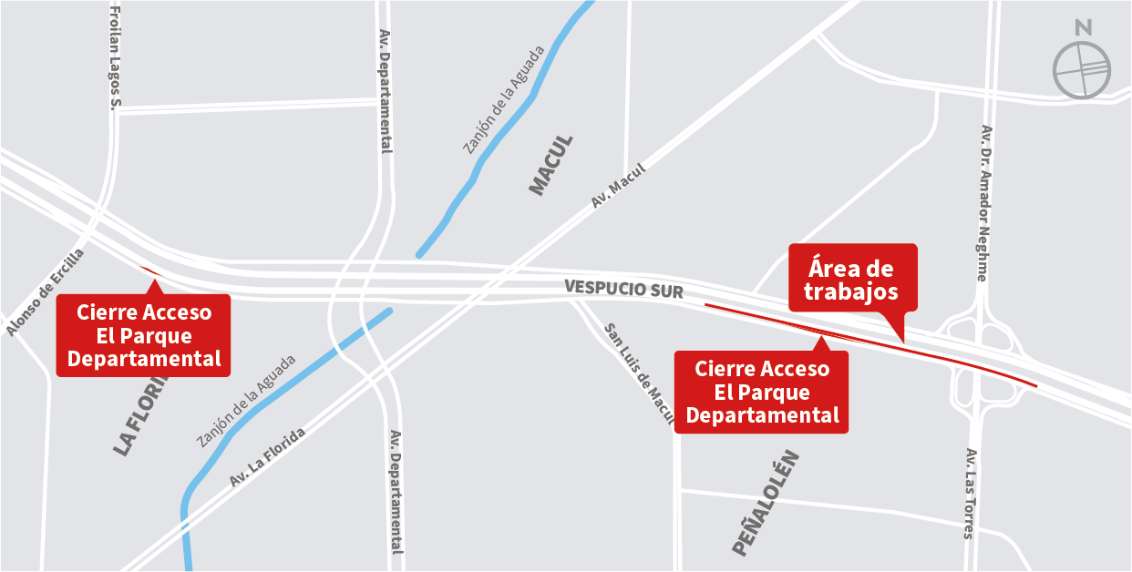 Cierre pista lenta de la autopista al oriente, cierre Acceso El Parque – Departamental y Salida 41 Av. Las Torres, Peñalolén
