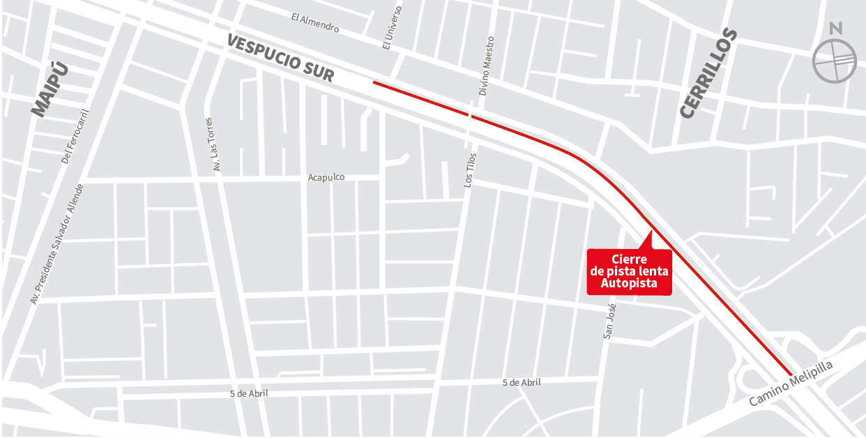 Cierre de pista lenta y central de la autopista al poniente, entre Av. Pedro Aguirre Cerda y calle El Universo, Cerrillos