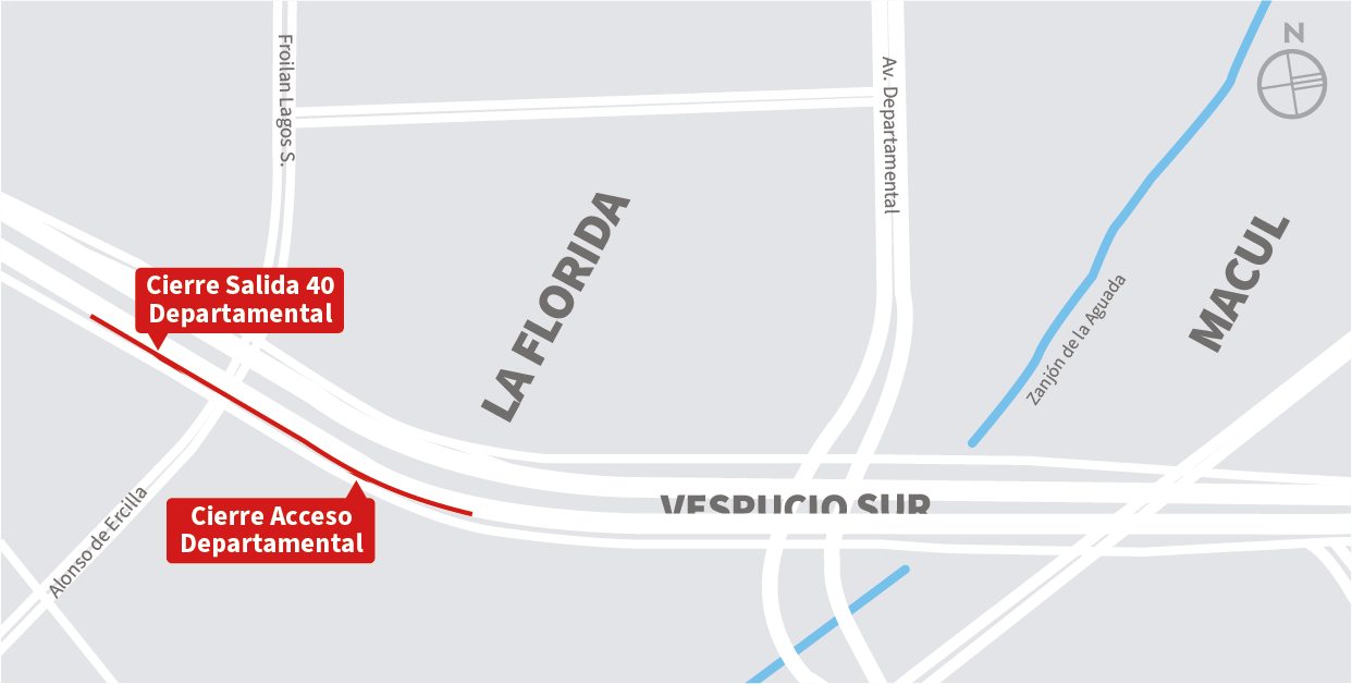 Cierre pista lenta de autopista al oriente, cierre Acceso Departamental y cierre Salida 40 Departamental – Av. La Florida, La Florida