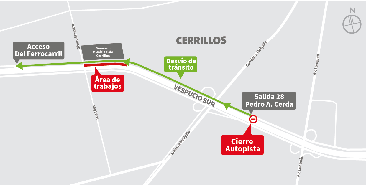 Cierre de autopista al poniente con desvío hacía vía local en Salida 28 Pedro Aguirre Cerda – C. Melipilla y reingreso en Acceso Del Ferrocarril, Cerrillos