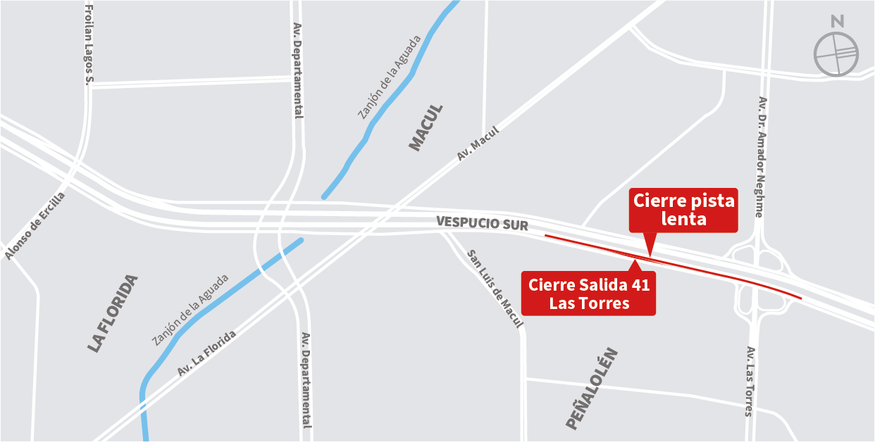Cierre pista lenta de la autopista al oriente y Salida 41 Av. Las Torres, sector salida 41 y el término del enlace Av. Las Torres, Peñalolén