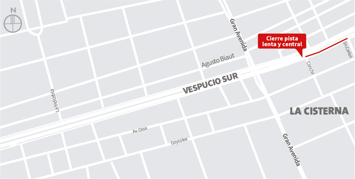 Cierre pista lenta y central de la autopista, de poniente a oriente, entre calle Concha y San Carlos, La Cisterna