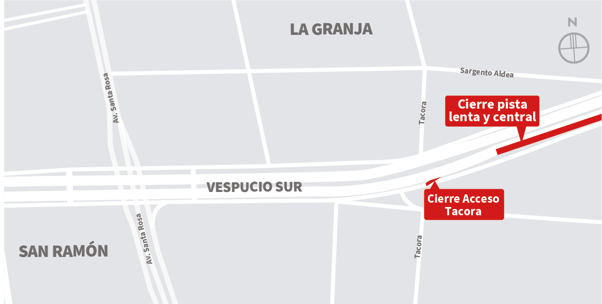 Cierre pista lenta y central de la autopista al oriente y cierre Acceso Tacora, sector Pasarela Sargento Aldea, La Granja
