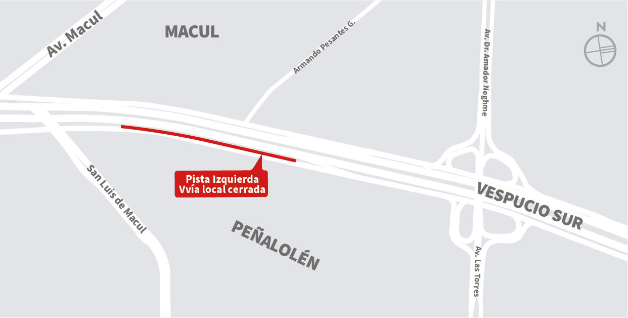 Cierre pista izquierda de la vía local al oriente, sector Pasarela El Parque, Peñalolén