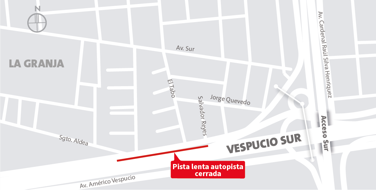 Cierre de pista lenta de la autopista al poniente, sector Pasarela Sargento Aldea, La Granja