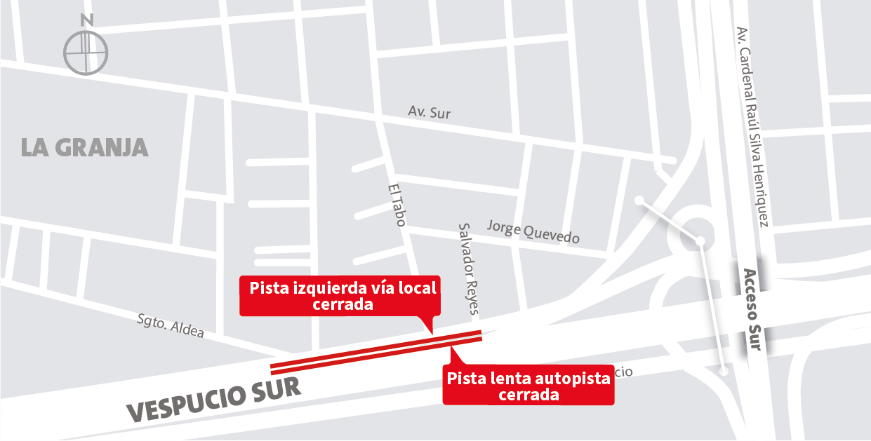 Cierre de pista lenta de la autopista y cierre pista izquierda de la vía local, al poniente, entre Salvador Reyes y Pasarela Sargento Aldea, La Granja