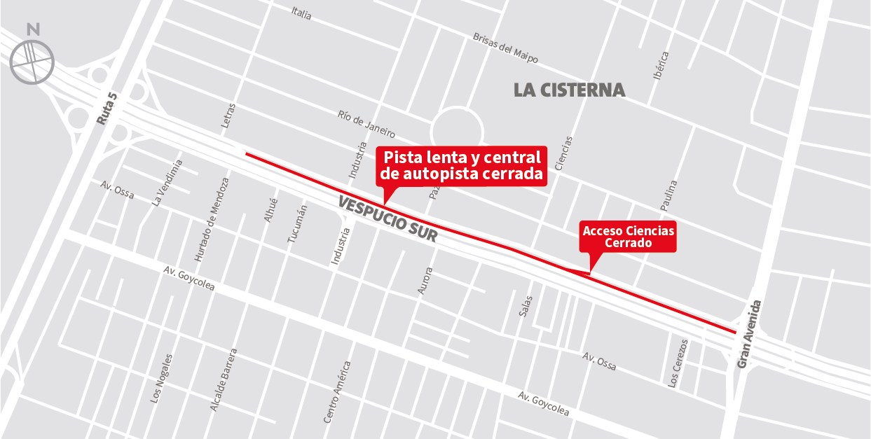 Cierre pista lenta y central de la autopista al poniente y cierre Acceso Ciencias, La Cisterna