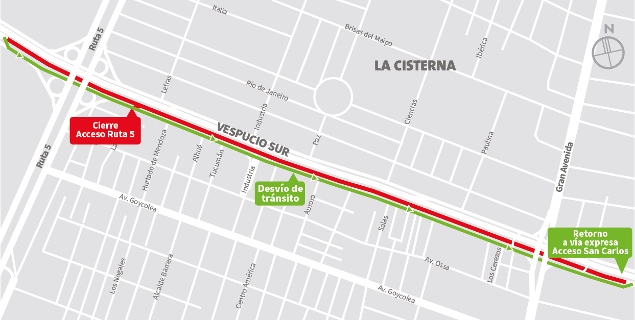 Cierre de vía expresa al oriente desde Salida 32 Ruta 5 hasta Acceso San Carlos, La Cisterna
