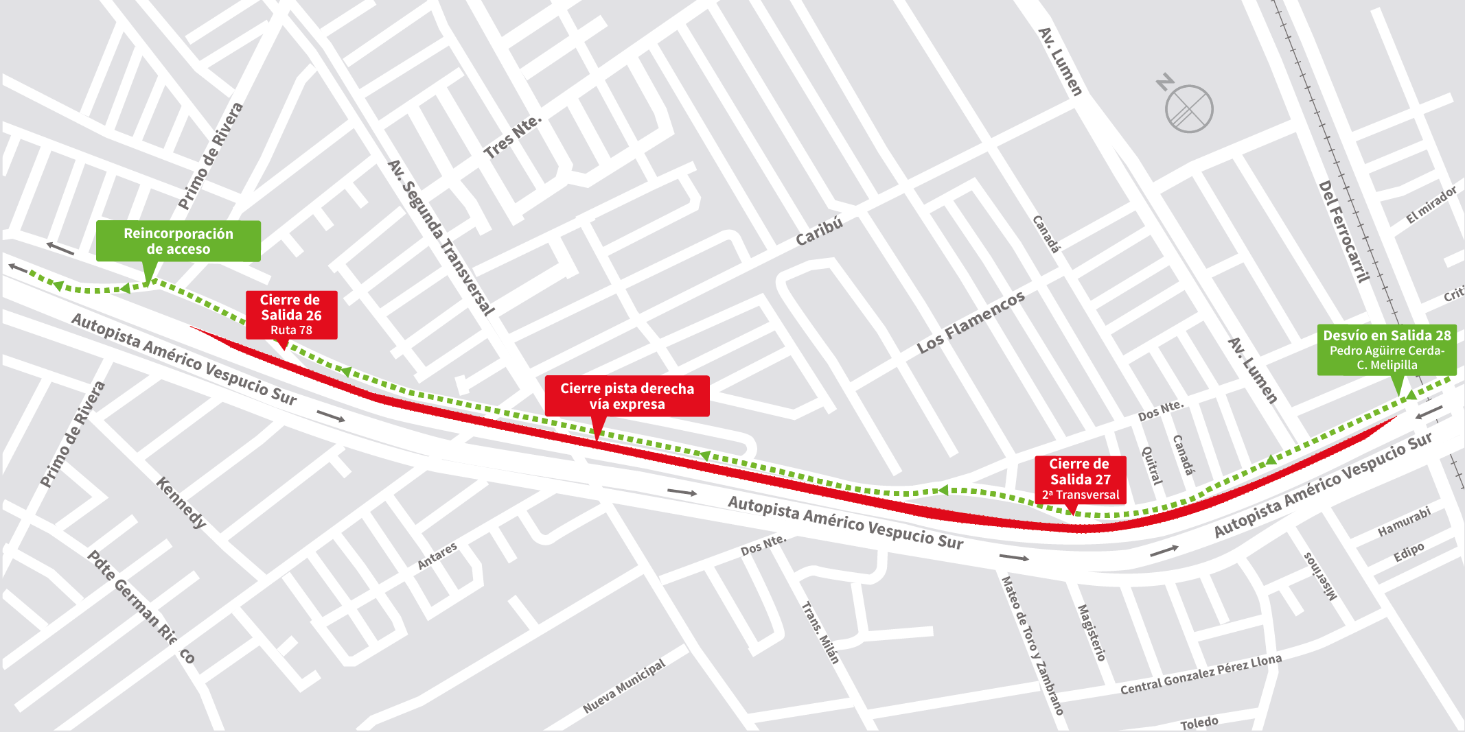 Cierre nocturno de autopista sector Ferrocarril a Primo de Rivera al poniente , Maipú