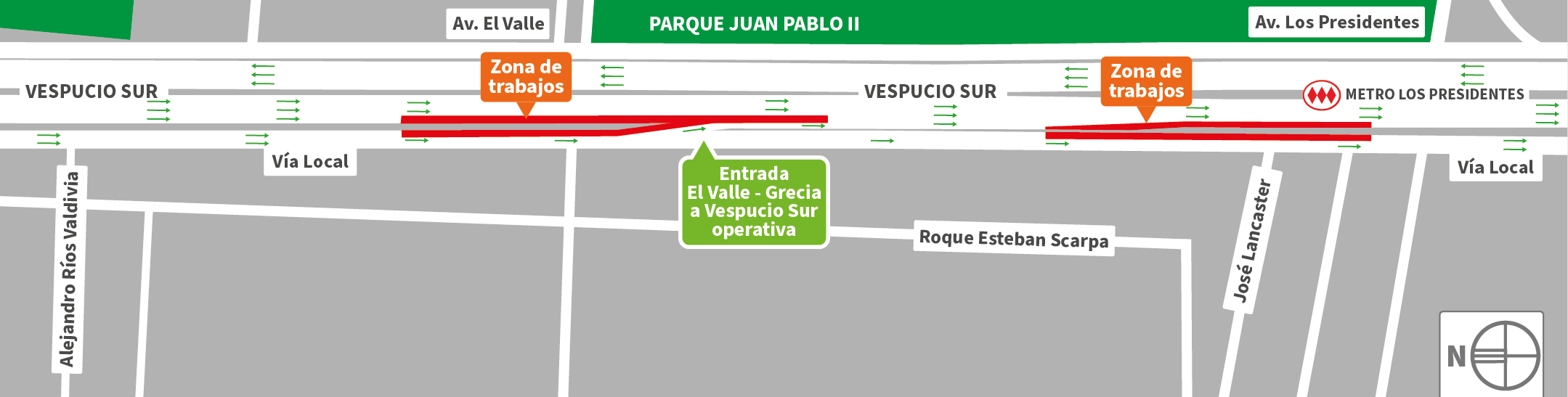 Cierre de la pista derecha, en dirección sur de la Autopista Vespucio Sur, entre las calles Alejandro Ríos Valdivia y José Lancaster. comuna de Macul